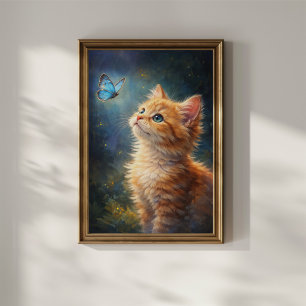 Affiche Chaton et papillon bleu