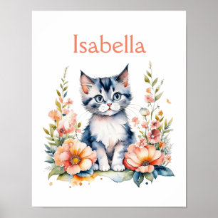 Affiche Chaton gris personnalisé dans des fleurs roses