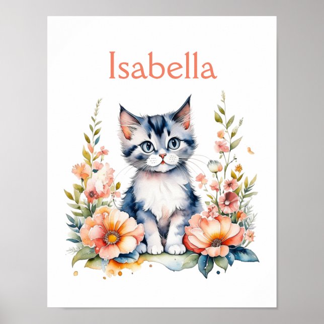 Affiche Chaton gris personnalisé dans des fleurs roses (Devant)