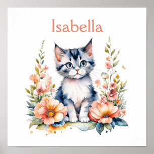 Affiche Chaton gris personnalisé dans des fleurs roses