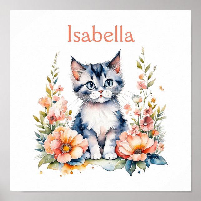 Affiche Chaton gris personnalisé dans des fleurs roses (Devant)