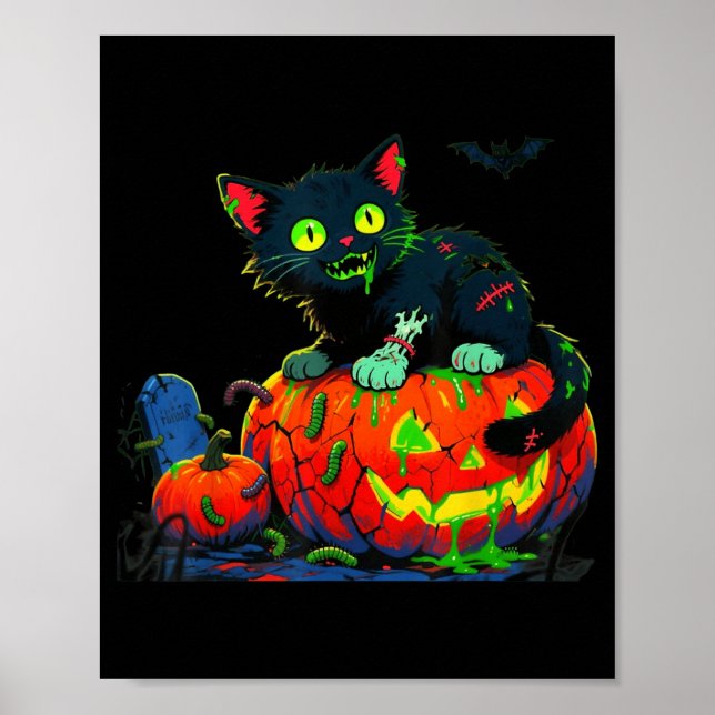 Affiche Chaton Halloween Citrouille Chat Noir (Devant)