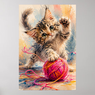 Affiche Chaton Jouant avec du Fil Rose Amateur de Chats