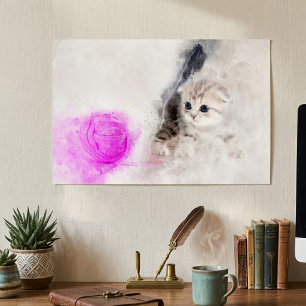 Affiche Chaton jouant avec une boule de fil rose aquarelle