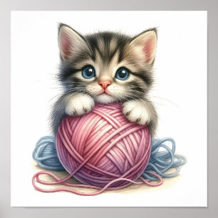 Affiche Chaton mignon avec pelote de fil fantaisiste Chat 