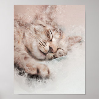 Affiche chaton mignon dormant rêve aquarelle peinture