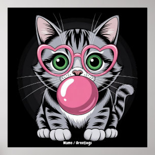 Affiche Chaton Mignon Kitty Mangeant de la Gomme et Faisan