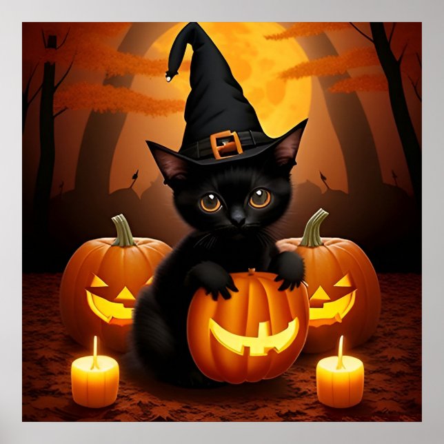 Affiche Chaton noir avec chapeau de sorcière parmi les cit (Devant)