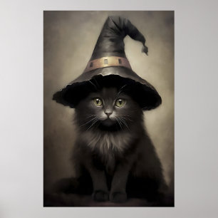 Affiche Chaton noir dans un imprimé de chapeau de sorcière