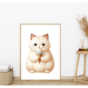 Affiche Chaton Rond Mignon Pastel avec Cône de Glace