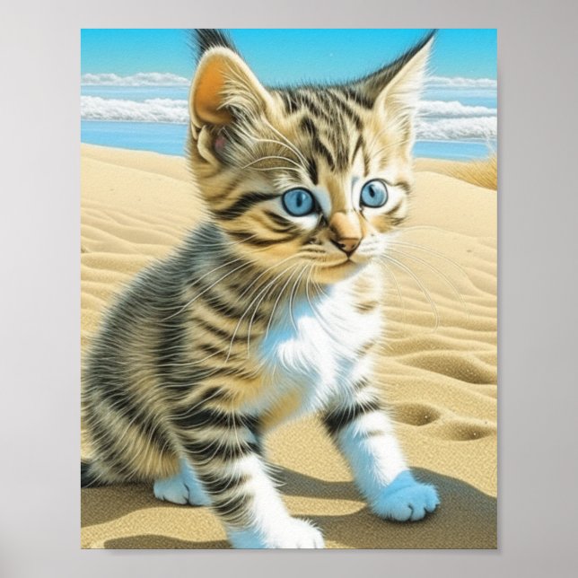 Affiche Chaton tabby gris IA jouant sur une plage de sable (Devant)