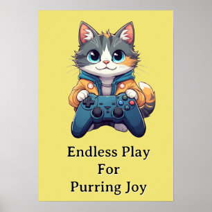 Affiche Chaton tenant une manette de jeu et souriant - Cha