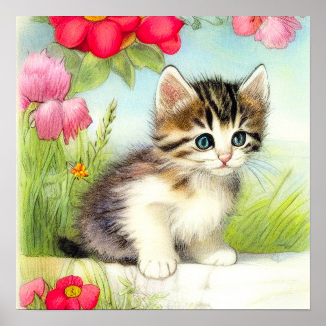 Affiche Chaton vintage blanc et Brown avec fleurs (Devant)
