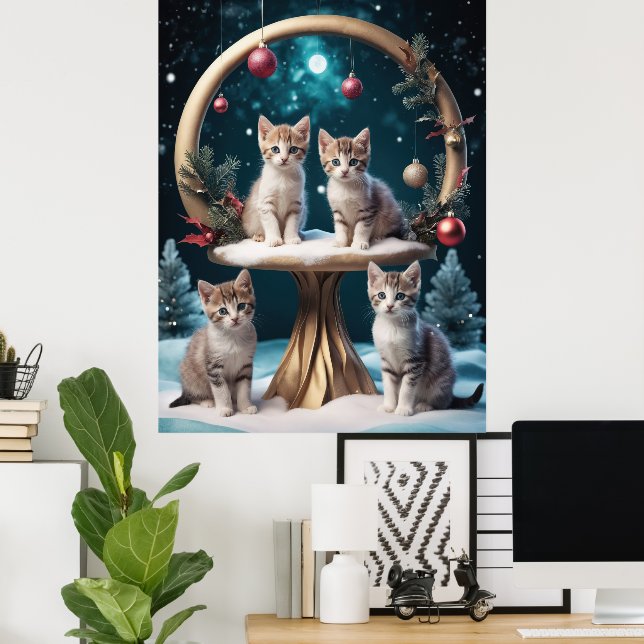 Affiche Chatons de Noël Whimsical sur socle Or (Bureau à domicile)