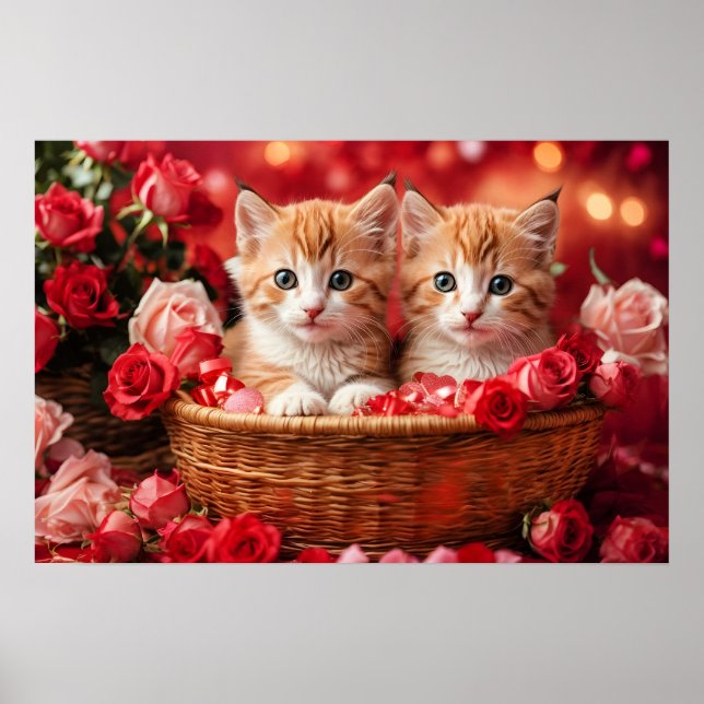 Affiche Chatons mignons dans un panier de paille (Devant)