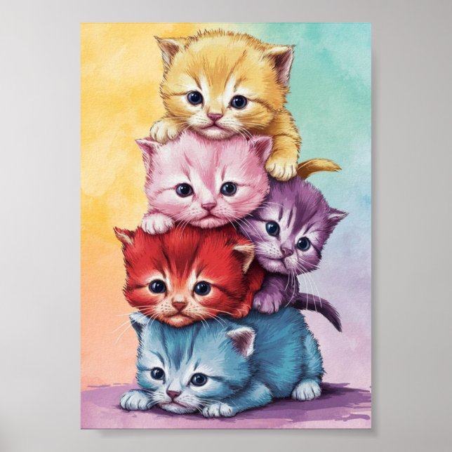 Affiche chatons mignons en couleurs pastel numérique téléc (Devant)