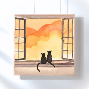 Affiche Chats à la fenêtre Silhouette aquarelle au couch