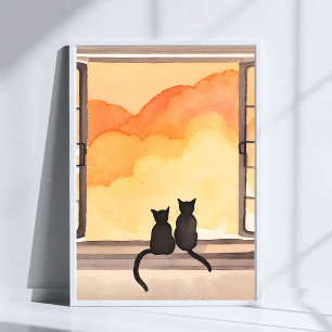Affiche Chats à la fenêtre Silhouette aquarelle au couch
