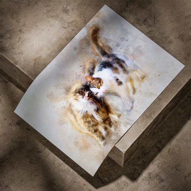 Affiche Chats à l'aquarelle se câlinant dans l'art abstrai (Watercolor Cats Nuzzling in Soft Abstract Art. Poster)