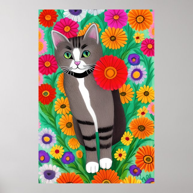 Affiche Chats blancs et gris Whimsical et Fleur rouge (Devant)