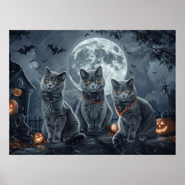 Affiche Chats Bleus Russe Halloween Éffrayant (Devant)