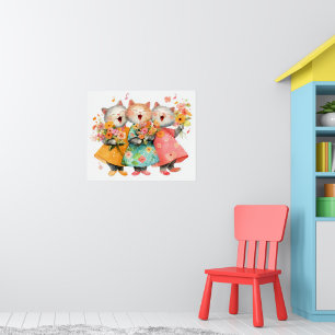 Affiche Chats chantants tenant des bouquets