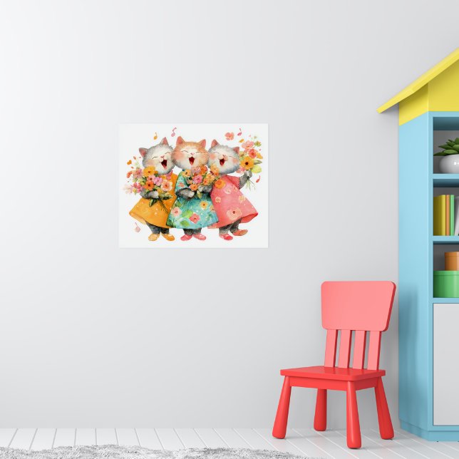 Affiche Chats chantants tenant des bouquets (Pépinière 1)