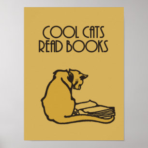 Affiche chats cool lire livres style rétro