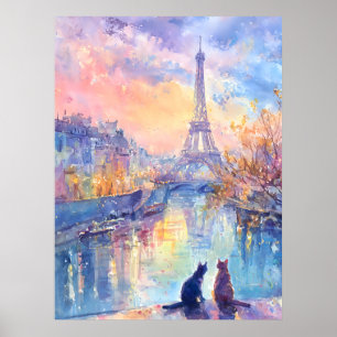 Affiche Chats dans le crépuscule de Paris – Romance à l'aq