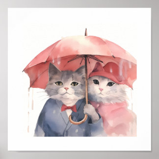Affiche Chats d'aquarelle mignonne avec parapluie rose