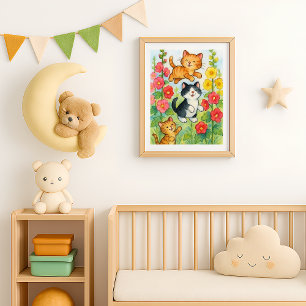 Affiche Chats de campagne folâtres dans un jardin fleuri