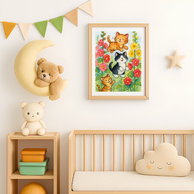 Affiche Chats de campagne folâtres dans un jardin fleuri (Frolicking Country Cats in Garden poster print in situ)