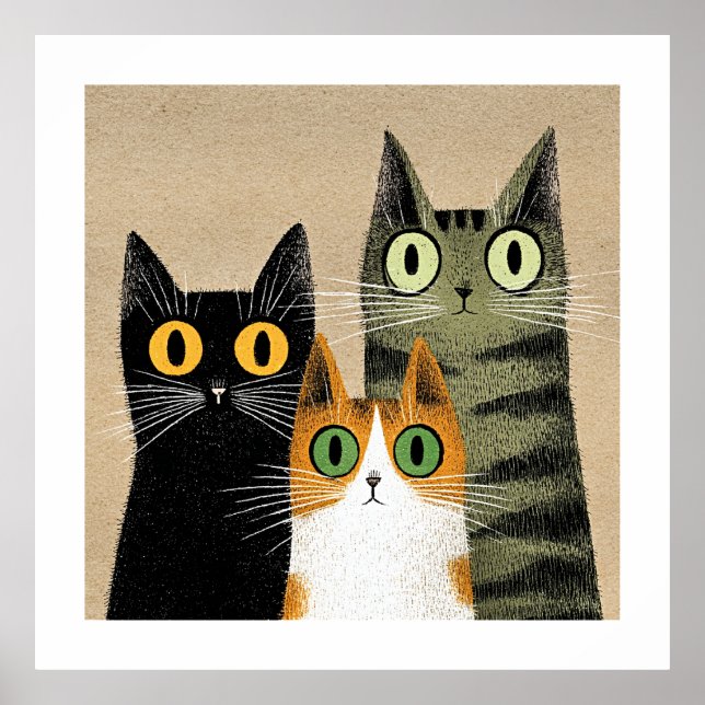Affiche Chats de dessin animé mignons, aux yeux écarquillé (Devant)