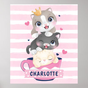 Affiche Chats de dessin animé mignons empilés rayures rose