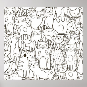 Affiche Chats de gribouillis : noir et blanc.