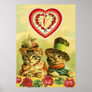 Affiche Chats de la Saint-Valentin drôles à l'ancienne, Cœ