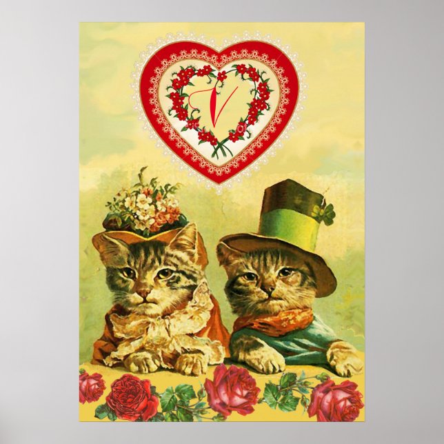 Affiche Chats de la Saint-Valentin drôles à l'ancienne, Cœ (Devant)