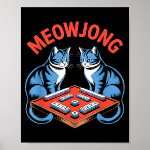 Affiche Chats de meowjong drôles jouant aux tuiles de mahj