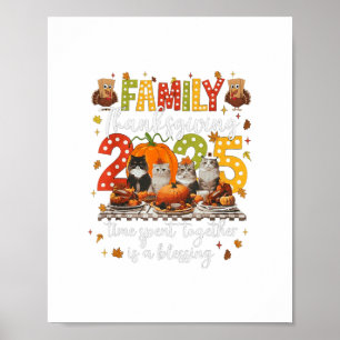 Affiche Chats de Thanksgiving en famille Dîner Fête Vintag