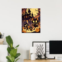 Chats d'Halloween près de la maison hantée