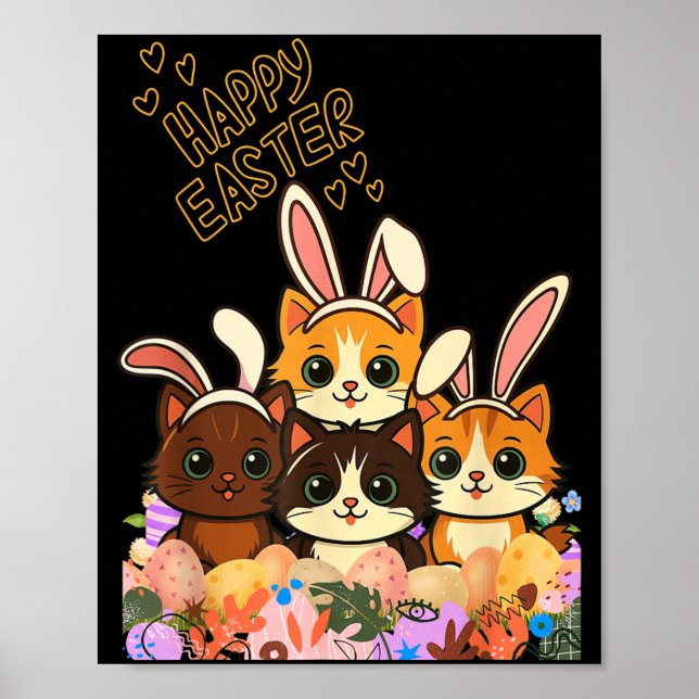 Affiche Chats drôles de Pâques Oreilles de Lapin Œufs de P (Devant)