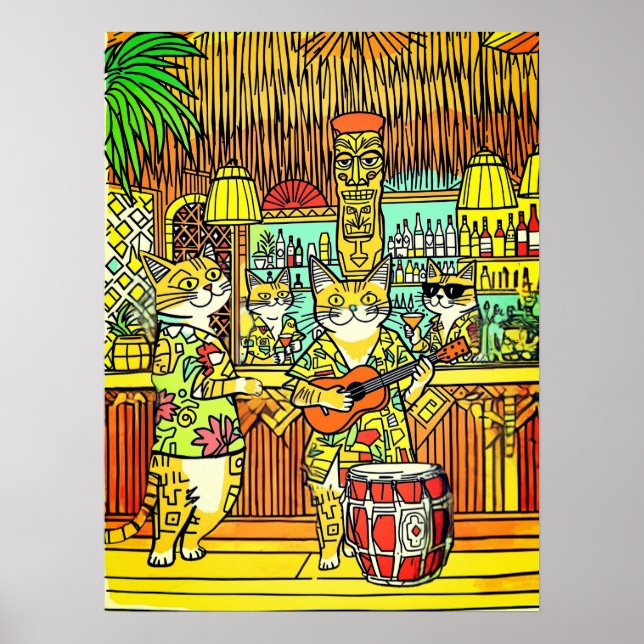 Affiche Chats en vacances sur une île dans un bar Tiki (Devant)