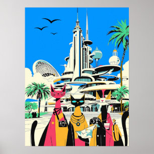 Affiche Chats en vacances visitent le futur