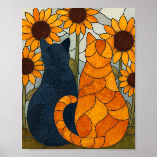 Affiche Chats en vitrail et conception d'art de tournesols (Devant)
