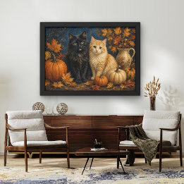 Affiche Chats et citrouilles d'automne gothiques Beaux-Art