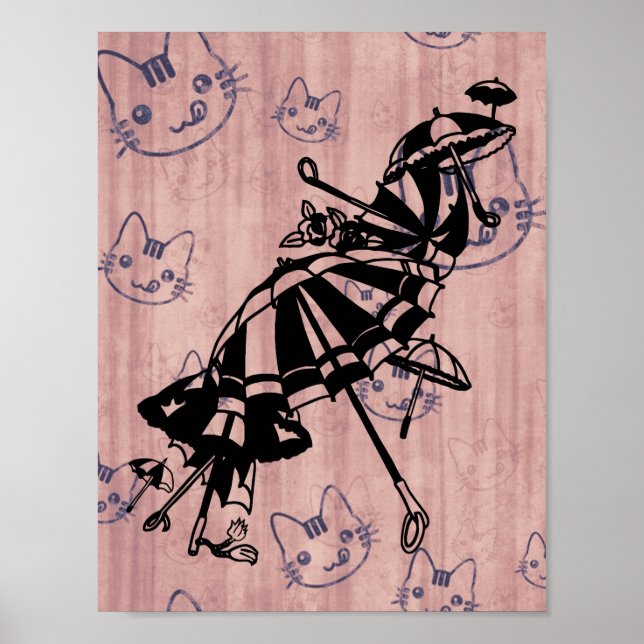 Affiche Chats Façades Parasols Parasols Dessin d'art d'enc (Devant)
