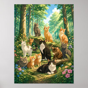 Affiche Chats Fantaisistes dans une Forêt Enchantée