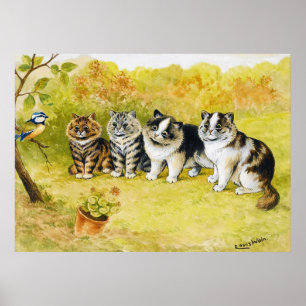 Affiche Chats fixant un petit oiseau, Louis Wain