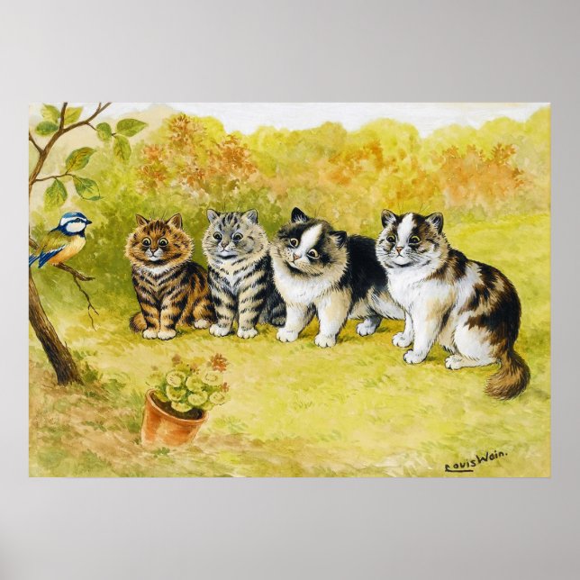 Affiche Chats fixant un petit oiseau, Louis Wain (Devant)