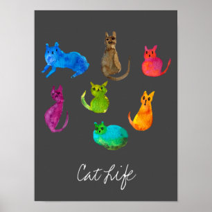 Affiche Chats fous colorés en aquarelle